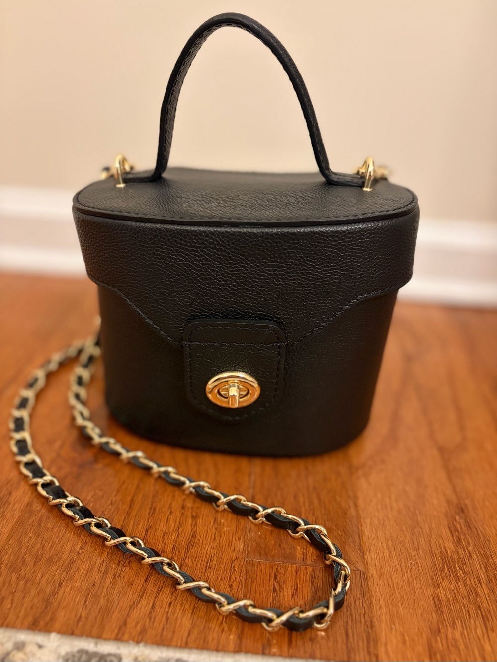 Black Genuine Italian Leather Top-Handle Crossbody Bag with Gold Chain